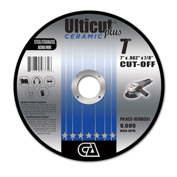 Continental Abrasives 7" x .062" x 7/8" Ceramic Ulticut Plus T1 Double Reinforced Cut-Off Wheel for Stainless/Steel AC3-10700251 - main